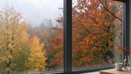 Fototapeta premium Cozy window view with rain drops and autumn forest landscape 4