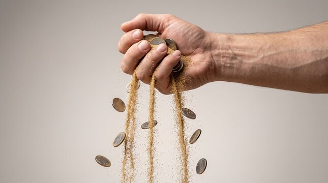 Hand squeezing sand and coins slipping through fingers on neutral background, concept of losing money, inflation, financial crisis, wasted savings and time running out