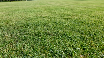 Naklejka premium Freshly mowed green grass lawn stretching across an open outdoor field