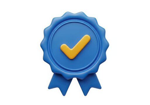 Blue approval badge with yellow checkmark icon