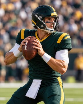 Quarterback in green and yellow uniform and helmet holding football ready to throw a pass in stadium with blurred crowd, american football game day action