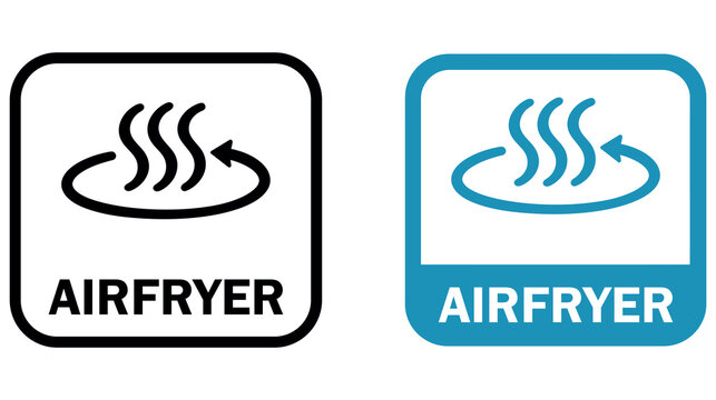 Air fryer appliance label icon vector illustration with hot air circulation symbol and text.