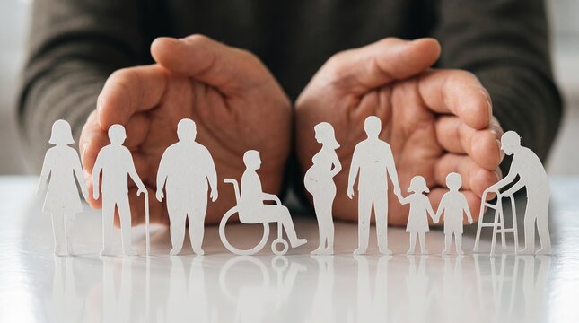 Social security and healthcare concept photo. Adult hands protecting paper cutout family figures including disabled person, pregnant woman, and elderly. Commercial insurance photography.