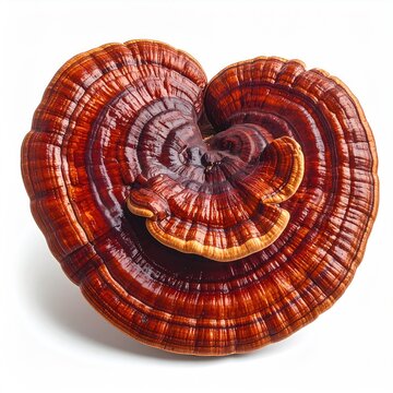 A large, reddish-brown, layered mushroom with concentric rings on a white background