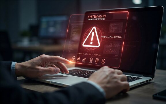 Close up of person using laptop computer with red security alert interface graphic overlay
