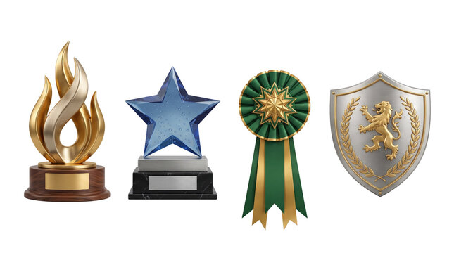 Award trophies and badges with flame star rosette and shield for achievement Isolated on transparent background