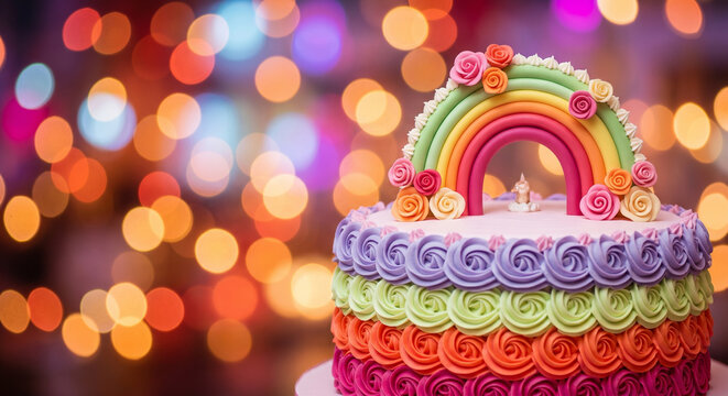 Colorful birthday cake decorated with rainbow and frosting rosettes against a glowing bokeh background