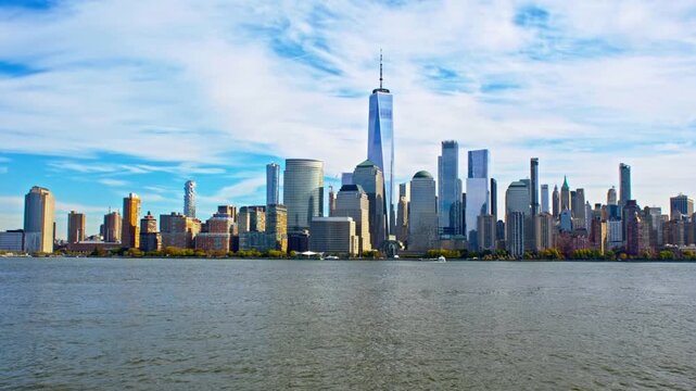New York skyline Manhattan district view. New York skyline famous skyscrapers horizon. New York skyline panoramic cityscape waterfront. New York skyline downtown panorama.