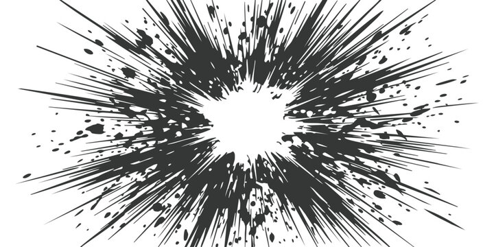 Black ink splash shape with dynamic speed lines and messy paint splatter effect for abstract graphic design