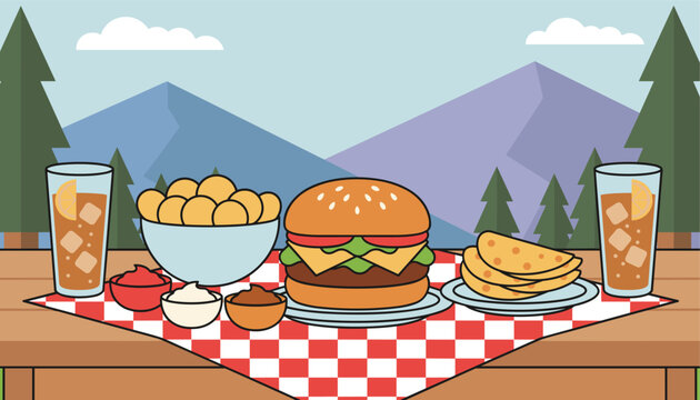 Delicious outdoor picnic spread on a wooden table includes a burger, potato balls, tacos, and refreshing iced tea.