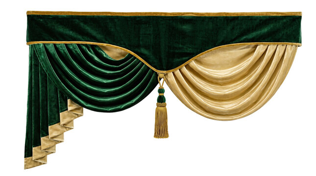 Rich green velvet valance with gold trim and tassel during a studio shoot Isolated on transparent background
