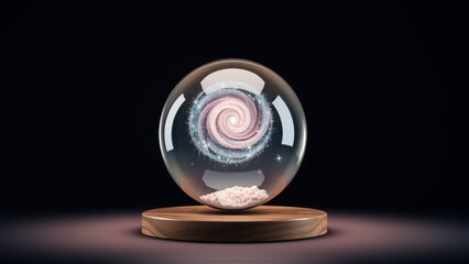 Fototapeta premium Glass sphere contains swirling galaxy. Wooden base supports orb. Dramatic lighting creates strong contrast, highlighting cosmic beauty.
