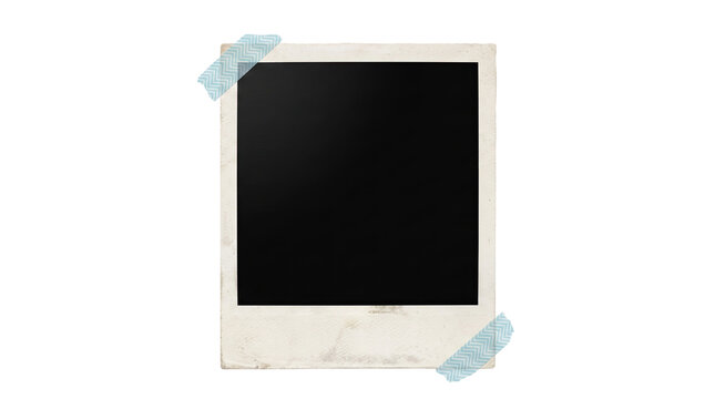 Vintage instant photo frame with light blue tape adhered to a plain surface isolated on transparent background