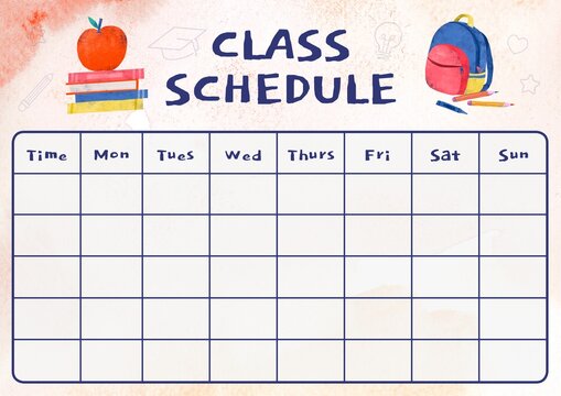 Colorful class schedule template with apple, books, and backpack illustrations.