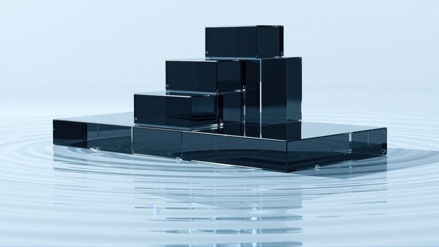 Dark cubes stacked, creating pyramid shape. Water ripples surround base. Minimalist design, cool tones, reflective surface.