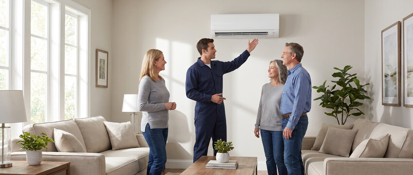 HVAC technician discussing mini split AC maintenance with homeowners