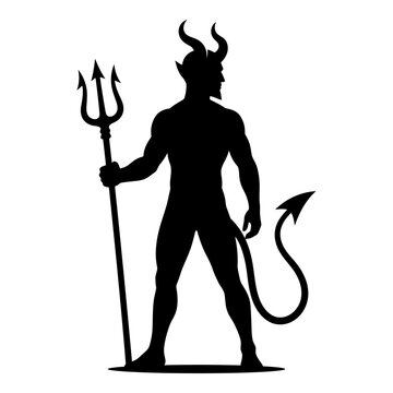 Black silhouette of horned devil holding traditional pitchfork weapon showing menacing posture with tail