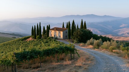 Fototapeta premium The Stone Farmhouse on a Tuscan Hilltop Amid Cypress Trees