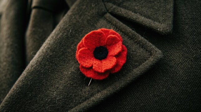 Red poppy flower lapel pin on a dark green wool coat
