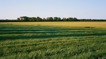 Naklejka premium Open grass field stretching to a distant treeline under clear sky