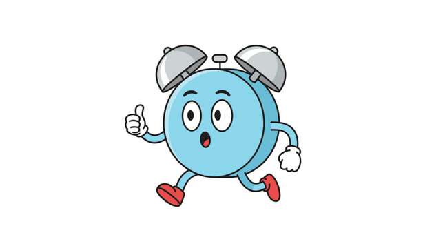 Energetic blue alarm clock character running and giving a thumbs up symbol representing punctuality and morning routines.