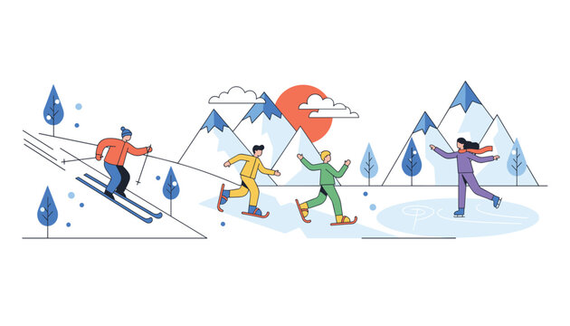 Dynamic winter scene of people enjoying outdoor activities like skiing snowshoeing and ice skating in the mountains.