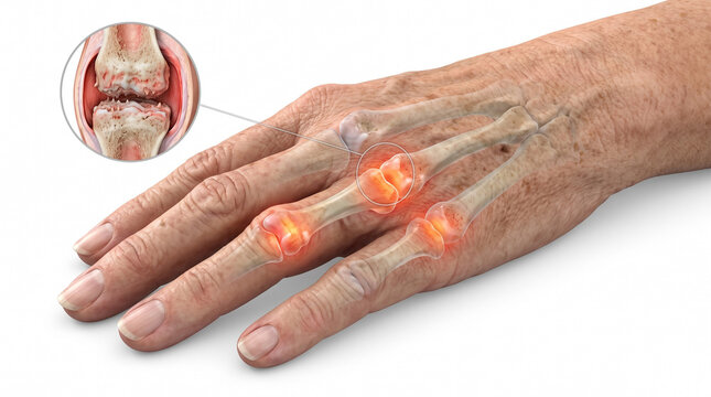 Hand arthritis 3D medical illustration. Elderly hand with transparent skin showing swollen inflamed finger joints and magnified knuckle cartilage damage on white