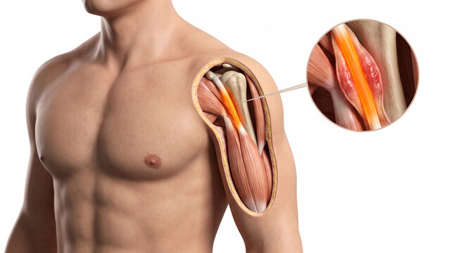 Biceps tendinitis 3D anatomy illustration. Muscular male shoulder and arm with skin cutaway showing inflamed biceps tendon and zoomed tendon sheath on white