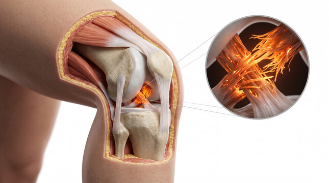 Knee meniscus tear 3D anatomy illustration. Bent knee with skin cutaway showing bones, kneecap and glowing torn cartilage in magnified callout on white