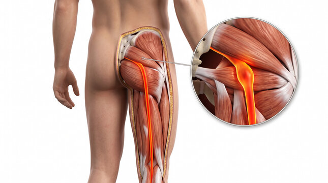 Sciatica 3D medical illustration. Back of human leg with skin cutaway showing glowing sciatic nerve running through gluteal muscle and zoomed compression on white