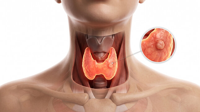 Thyroid gland 3D medical illustration. Front of neck with skin cutaway showing butterfly shaped inflamed thyroid and zoomed nodule close up on white