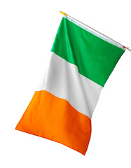 Fototapeta premium Irish flag waving in the wind during a public event in a city square in Ireland