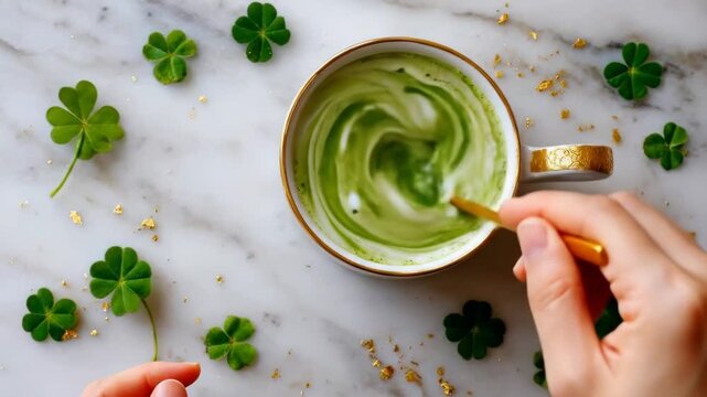 St. Patrick's Day matcha latte with clovers and gold flakes