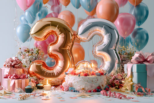 Colorful birthday celebration with balloons and cake for 33rd anniversary