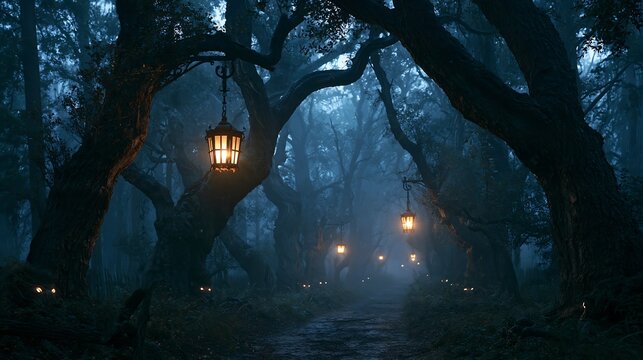 Glow lanterns hanging on ancient trees in dark mystical forest
