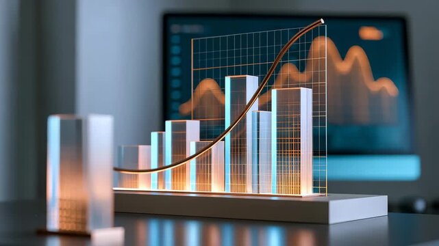Marketing Analytics Concept With Translucent Bar Chart And Rising Metal Line Graph