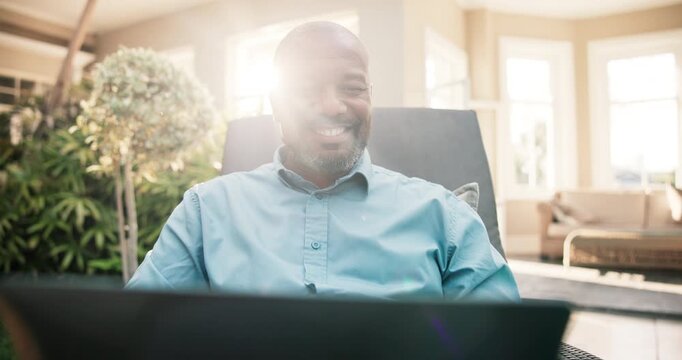 Laptop, happy and black man at holiday resort for remote work, blogging and internet connection. Smile, technology and digital nomad with flare for workcation, travel and online workload at villa
