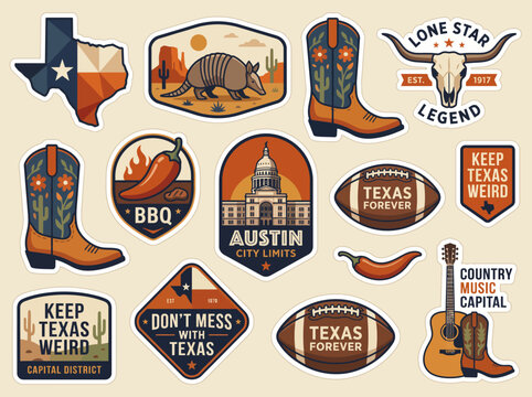 A vibrant collection of Texas-themed stickers including cowboy boots, chili, and the state flag, showcasing the diverse culture and rich heritage of Texas and its people.