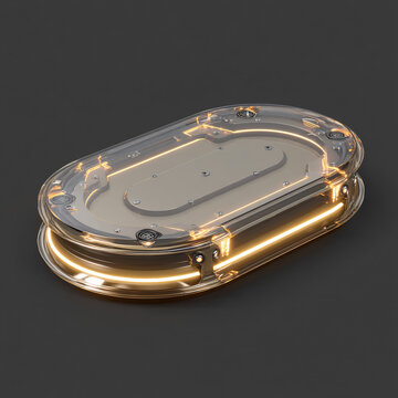 Futuristic glowing neon capsule with transparent lid 3D rendered