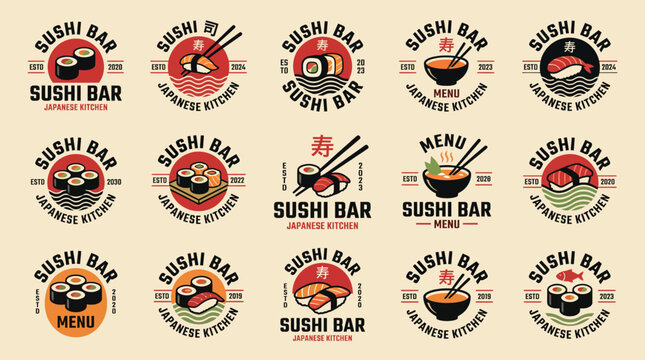 A diverse array of sushi bar logo designs and menu layouts emphasizing the art of Japanese cuisine, showcasing a range of sushi types and traditional dining aesthetics.