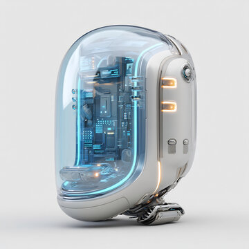 Futuristic robot head with transparent shell and glowing blue circuitry