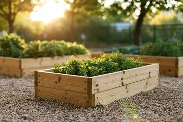 Fototapeta premium The Wooden Raised Garden Beds In A Sunlit Backyard Setting At Dusk