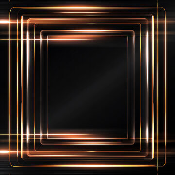 Dark abstract background with glowing golden light frames and reflections