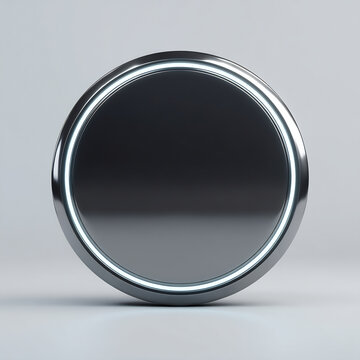 Shiny metallic round button with glowing neon light for technology interface design