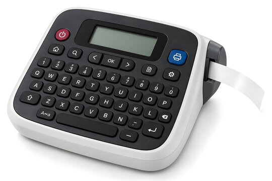 Portable Label Maker with Keyboard and Blank Label Tape Isolated on White Background