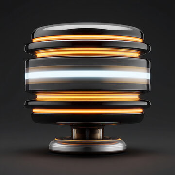 Futuristic black metallic cylinder with glowing orange and white light strips