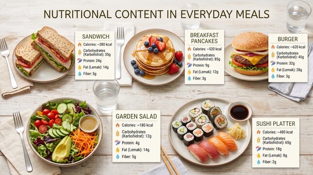 A top-view food spread comparing nutritional content including calories, carbs, protein, fat, and fiber in five meals