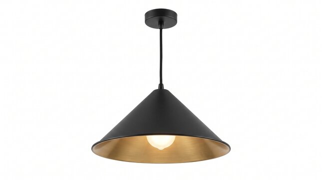 Modern industrial black pendant light fixture, conical metal hanging ceiling lamp, interior brass gold shade illumination for home decor isolated PNG with Transparent Background