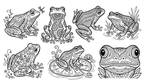 Detailed hand drawn frog illustration collection featuring realistic frogs, varied poses, plants and natural decorative elements