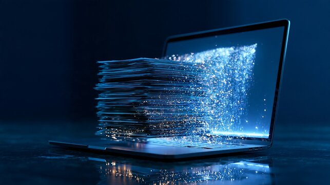Laptop with stack of digital documents and glowing data particles